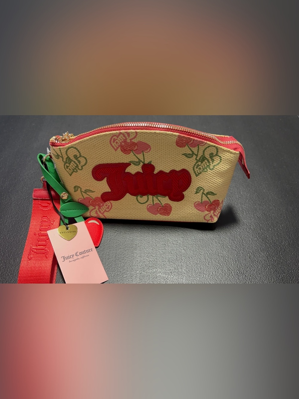 Juicy Couture Cream Cherry Print Cosmetic Pouch with Red Trim